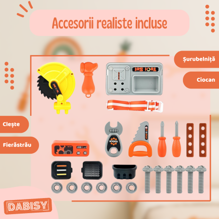 Set de joaca Trusa unelte pentru copii si ghiozdan 2 in 1, DABISY, ghiozdan portabil cu unelte de jucarie, educativ, multifunctional, 3+ ani, portocaliu cu negru [4]