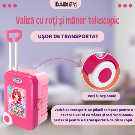 Set de machiaj copii 3 in 1, Dabisy, model interactiv cu oglinda luminata, 3+ ani, valiza muzica si accesorii, masa extensibila, portabila, roz [3]