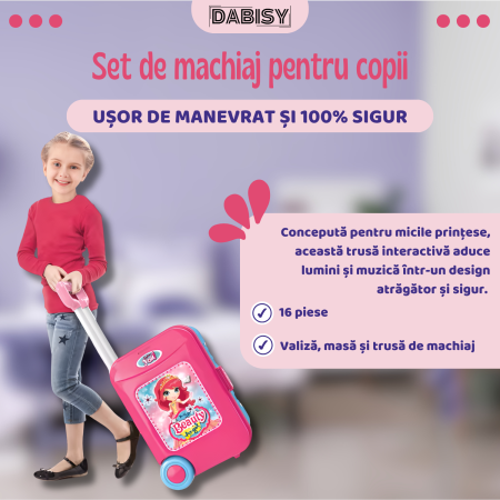 Set de machiaj copii 3 in 1, Dabisy, model interactiv cu oglinda luminata, 3+ ani, valiza muzica si accesorii, masa extensibila, portabila, roz [1]