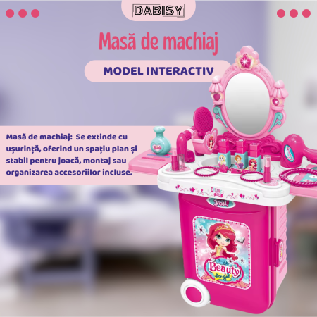 Set de machiaj copii 3 in 1, Dabisy, model interactiv cu oglinda luminata, 3+ ani, valiza muzica si accesorii, masa extensibila, portabila, roz [4]