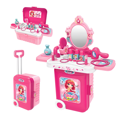 JUCARII SET - Set de machiaj copii 3 in 1, Dabisy, model interactiv cu oglinda luminata, 3+ ani, valiza muzica si accesorii, masa extensibila, portabila, roz