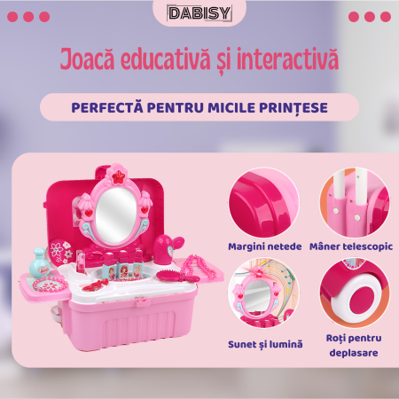 Set de machiaj copii 3 in 1, Dabisy, model interactiv cu oglinda luminata, 3+ ani, valiza muzica si accesorii, masa extensibila, portabila, roz [6]