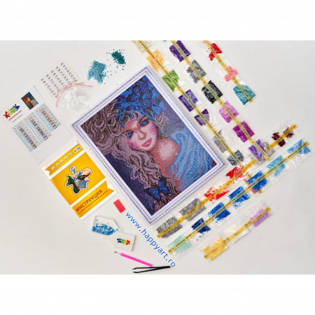 Set Goblen cu diamante, cu sasiu, Fata cu Fluturi, 30x40 cm, 26 culori [4]
