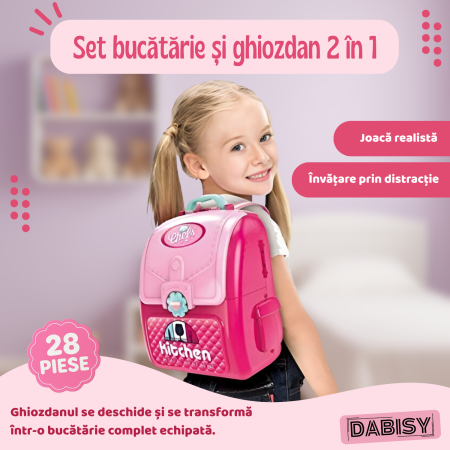Set joaca Bucatarie pentru copii si ghiozdan 2 in 1, DABISY, accesorii gatit incluse, educativ, portabil, stimuleaza imaginatia, dezvoltarea limbajului si coordonarea, 3+ ani, roz [1]