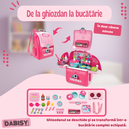 Set joaca Bucatarie pentru copii si ghiozdan 2 in 1, DABISY, accesorii gatit incluse, educativ, portabil, stimuleaza imaginatia, dezvoltarea limbajului si coordonarea, 3+ ani, roz [6]