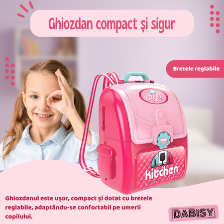 Set joaca Bucatarie pentru copii si ghiozdan 2 in 1, DABISY, accesorii gatit incluse, educativ, portabil, stimuleaza imaginatia, dezvoltarea limbajului si coordonarea, 3+ ani, roz [3]