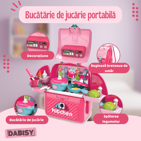Set joaca Bucatarie pentru copii si ghiozdan 2 in 1, DABISY, accesorii gatit incluse, educativ, portabil, stimuleaza imaginatia, dezvoltarea limbajului si coordonarea, 3+ ani, roz [2]