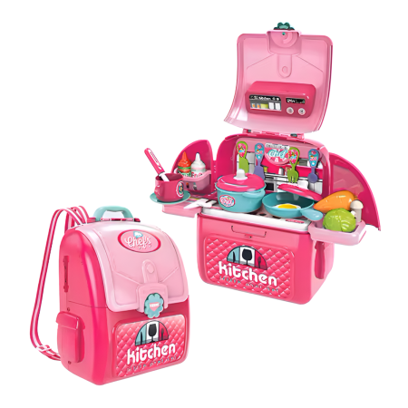 JUCARII SET - Set joaca Bucatarie pentru copii si ghiozdan 2 in 1, DABISY, accesorii gatit incluse, educativ, portabil, stimuleaza imaginatia, dezvoltarea limbajului si coordonarea, 3+ ani, roz
