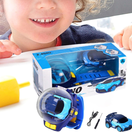 Set masinuta de jucarie cu telecomanda ceas, USB inclus, semnale luminoase, 2.4 Ghz, scara 1:64, model Bugatti Blue, baterie reincarcabila, rezistenta si durabila, surubelnita, baterie AAA, albastru [3]