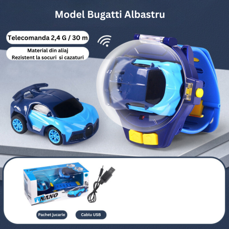 Set masinuta de jucarie cu telecomanda ceas, USB inclus, semnale luminoase, 2.4 Ghz, scara 1:64, model Bugatti Blue, baterie reincarcabila, rezistenta si durabila, surubelnita, baterie AAA, albastru [1]