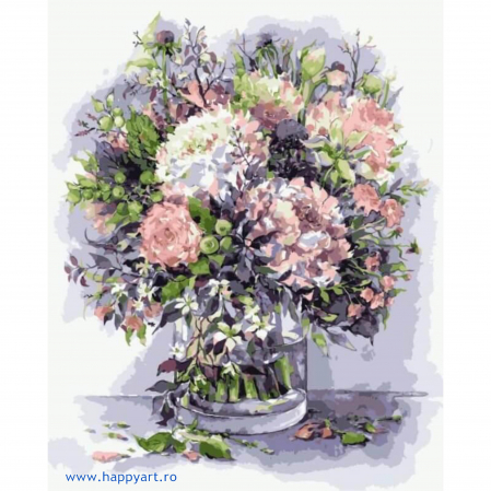 Picturi pe numere flori - Kit Pictura pe numere buchet bujori si ierburi in culori Liliachi, cu sasiu, 40x50 cm, 24 culori