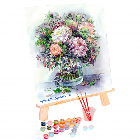 Kit Pictura pe numere buchet bujori si ierburi in culori Liliachi, cu sasiu, 40x50 cm, 24 culori [1]