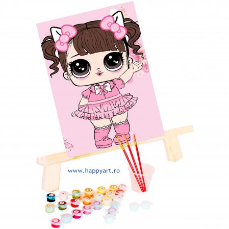 Pictura pe numere - Set pictura pe numere, cu sasiu, Fetita in Rochie Roz, 20x30 cm, 19 culori