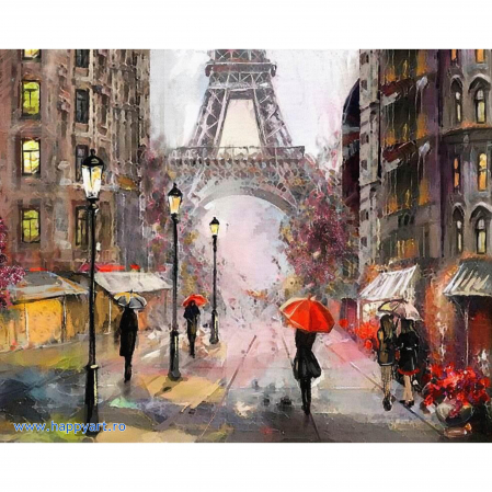 Picturi pe numere peisaje - Set pictura pe numere, cu sasiu, Parisul in Ploaie, 40x50 cm, 30 culori