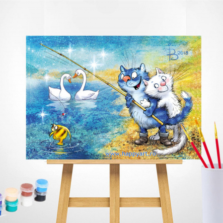 Set pictura pe numere, cu sasiu, Pisici - La Pescuit, 30x40 cm, 29 culori [1]