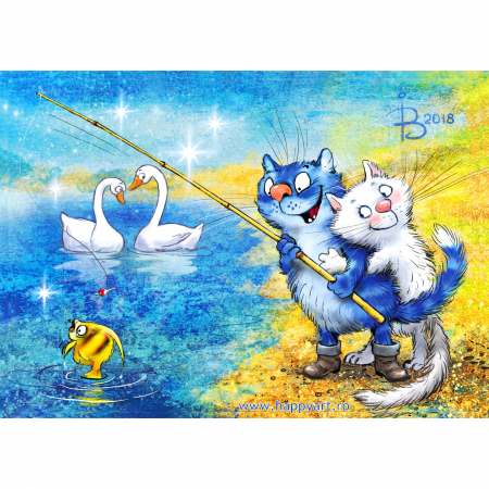 Picturi pe numere animale - Set pictura pe numere, cu sasiu, Pisici - La Pescuit, 30x40 cm, 29 culori