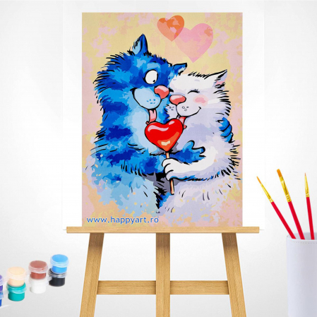 Set pictura pe numere, cu sasiu, Pisici - Impartasind Fericirea, 30x40 cm, 26 culori [1]