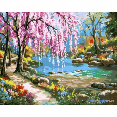 Picturi pe numere peisaje - Set pictura pe numere, cu sasiu, Sakura langa Rau, 40x50 cm, 24 culori