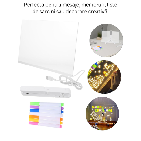 Set Tablita de Scris din Acril, DABISY, cu lumina LED, Memo Board Transparent pentru Birou, Notite si Mesaje, 20X30 cm, 7 Carioci Colorate Incluse, Design Portabil si Modern, Ideal pentru Organizare s [2]