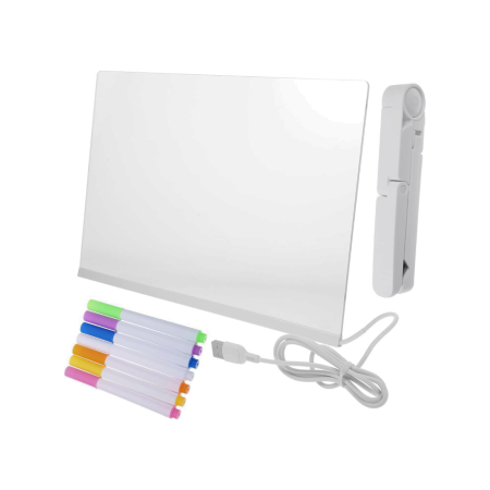 JUCARII SET - Set Tablita de Scris din Acril, DABISY, cu lumina LED, Memo Board Transparent pentru Birou, Notite si Mesaje, 20X30 cm, 7 Carioci Colorate Incluse, Design Portabil si Modern, Ideal pentru Organizare s