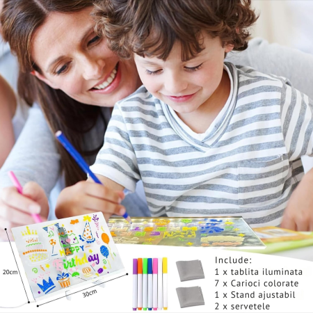 Set Tablita de Scris din Acril, DABISY, cu lumina LED, Memo Board Transparent pentru Birou, Notite si Mesaje, 20X30 cm, 7 Carioci Colorate Incluse, Design Portabil si Modern, Ideal pentru Organizare s [6]