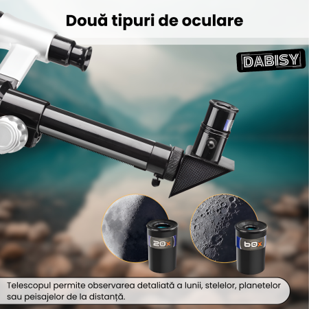 Telescop astronomic cu trepied, DABISY, model C2158A-1, distanta focala 360 mm, diametru obiectiv 50 mm, mareste 60X, oculare 20x si 60x, suport stabil, adaptor telefon, portabil, focus fix, alb [3]