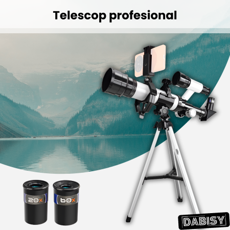 Telescop astronomic cu trepied, DABISY, model C2158A-1, distanta focala 360 mm, diametru obiectiv 50 mm, mareste 60X, oculare 20x si 60x, suport stabil, adaptor telefon, portabil, focus fix, alb [1]