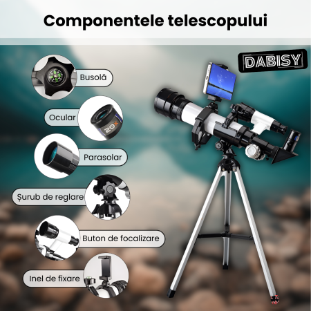 Telescop astronomic cu trepied, DABISY, model C2158A-1, distanta focala 360 mm, diametru obiectiv 50 mm, mareste 60X, oculare 20x si 60x, suport stabil, adaptor telefon, portabil, focus fix, alb [6]