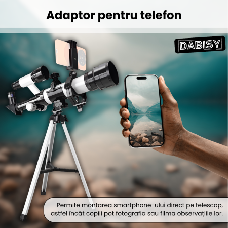 Telescop astronomic cu trepied, DABISY, model C2158A-1, distanta focala 360 mm, diametru obiectiv 50 mm, mareste 60X, oculare 20x si 60x, suport stabil, adaptor telefon, portabil, focus fix, alb [4]