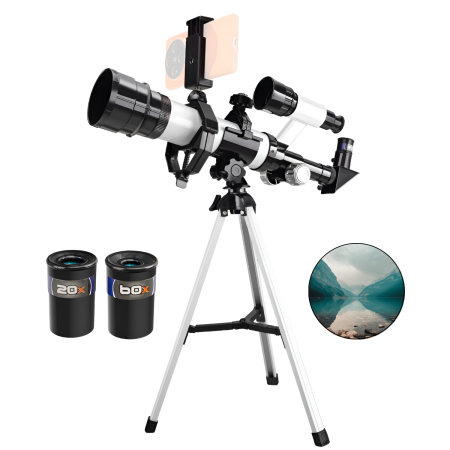 EDUCATIVE - Telescop astronomic cu trepied, DABISY, model C2158A-1, distanta focala 360 mm, diametru obiectiv 50 mm, mareste 60X, oculare 20x si 60x, suport stabil, adaptor telefon, portabil, focus fix, alb