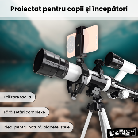 Telescop astronomic cu trepied, DABISY, model C2158A-1, distanta focala 360 mm, diametru obiectiv 50 mm, mareste 60X, oculare 20x si 60x, suport stabil, adaptor telefon, portabil, focus fix, alb [2]