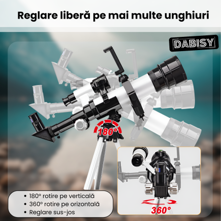 Telescop astronomic cu trepied, DABISY, model C2158A-1, distanta focala 360 mm, diametru obiectiv 50 mm, mareste 60X, oculare 20x si 60x, suport stabil, adaptor telefon, portabil, focus fix, alb [5]