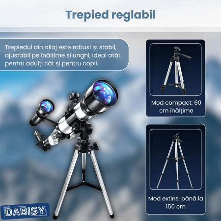 Telescop astronomic refractor, DABISY, model C2158, calibru 50mm, focala 360mm, oculare 20x si 30x, multiplicator 1.5x, tripod reglabil aluminiu, portabil, negru [6]