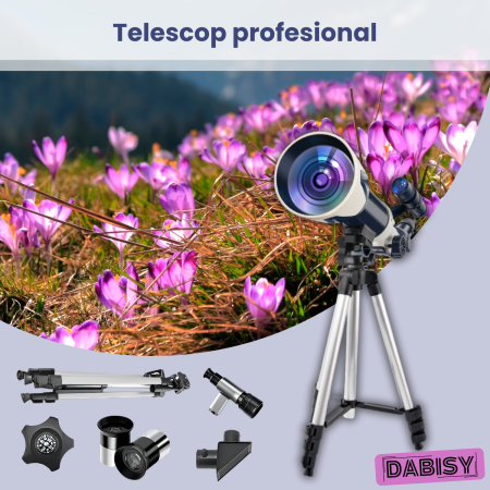 Telescop astronomic refractor, DABISY, model C2159, calibru 100mm, obiectiv 360mm, suport 360 grade, mareste 60X, oculare H6mm si H20mm, inaltime reglabila 60-150cm, 8+ ani, culoare albastru-alb [1]