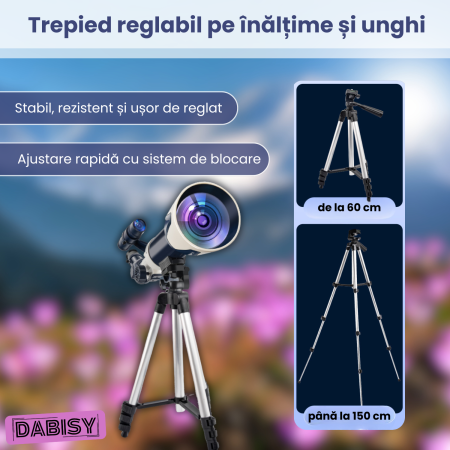 Telescop astronomic refractor, DABISY, model C2159, calibru 100mm, obiectiv 360mm, suport 360 grade, mareste 60X, oculare H6mm si H20mm, inaltime reglabila 60-150cm, 8+ ani, culoare albastru-alb [6]