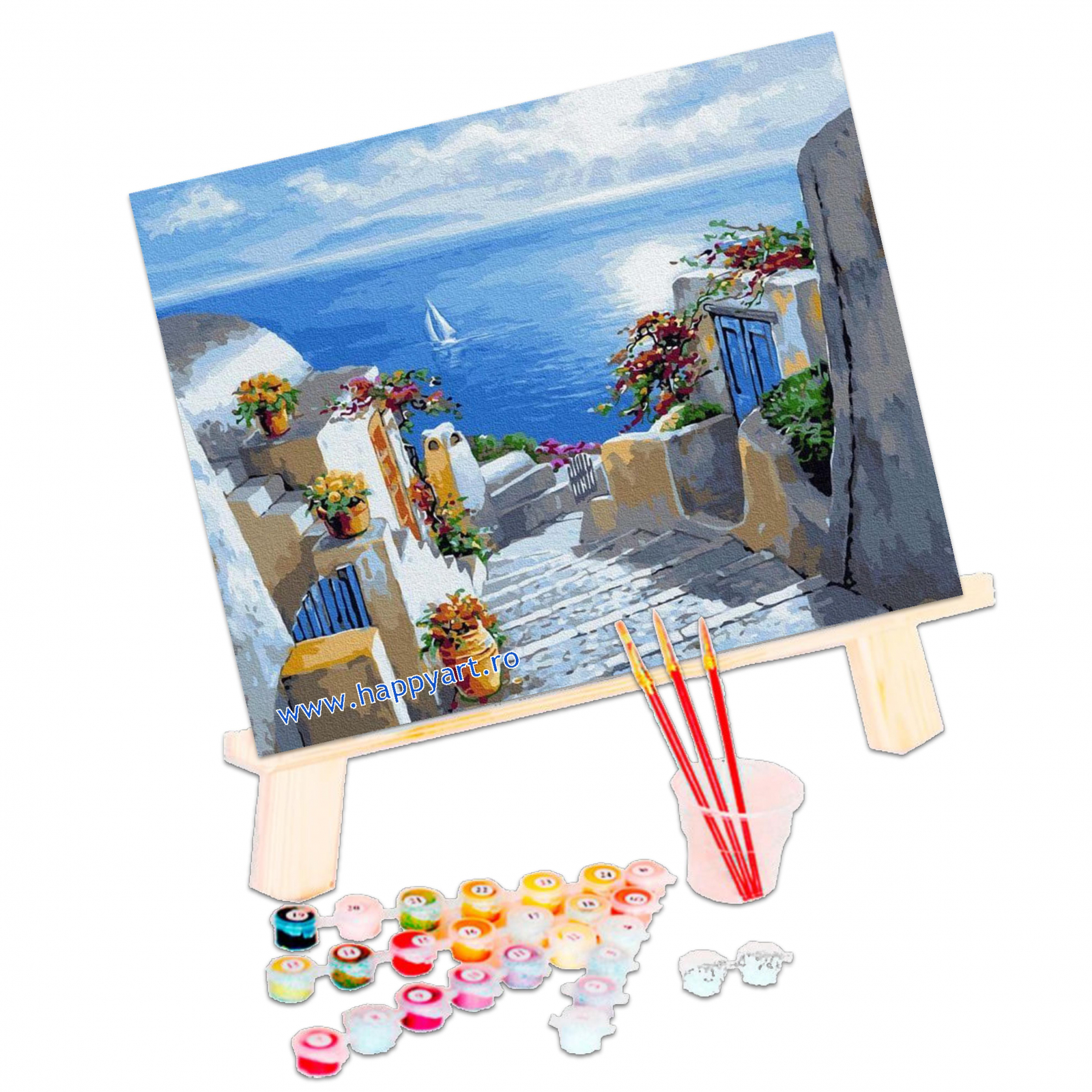 Kit pictura pe numere Vara in Santorini, cu sasiu, 50x65 cm, 29 culori