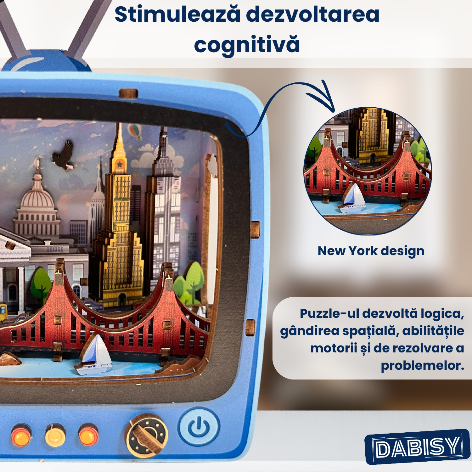 Puzzle 3D din lemn TELEVIZOR RETRO, DABISY, model NEW YORK, 78 de