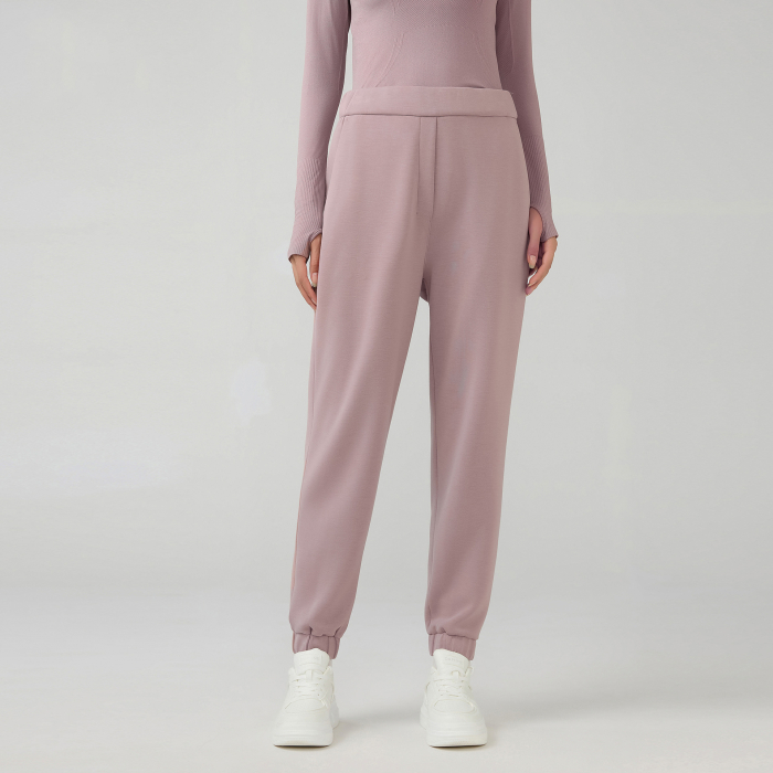 Pantaloni trening roz pudrat, material silky feel, talie inalta, relaxed fit [2]