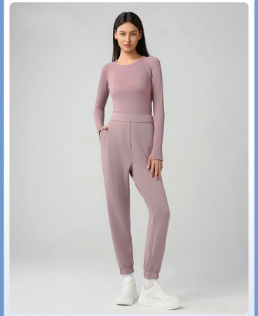 Trening - Pantaloni trening roz pudrat, material silky feel, talie inalta, relaxed fit