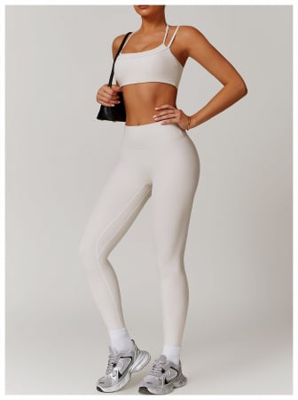 Set yoga White Grey - Set yoga White Grey top + colanti lungi incretiti la spate