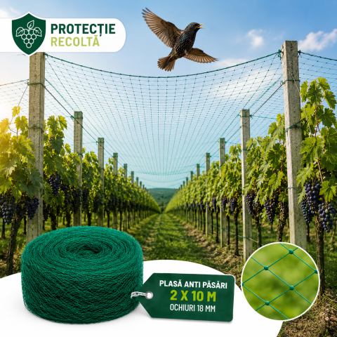 Plasă Anti Păsări 2 x 10 m, Ochiuri 18 mm, pentru Protecția Culturilor [1]