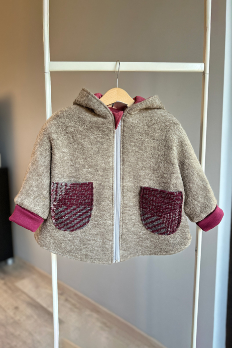 Capă copii din lână naturală, model Iepuraș, Crem-Vișiniu — H. Bebe [3]