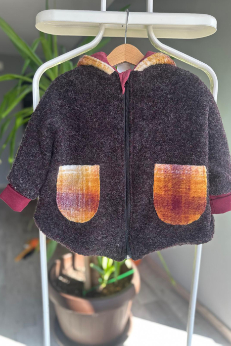 Capă din lână fiartă Oversized - Visiniu/Mustar [2]