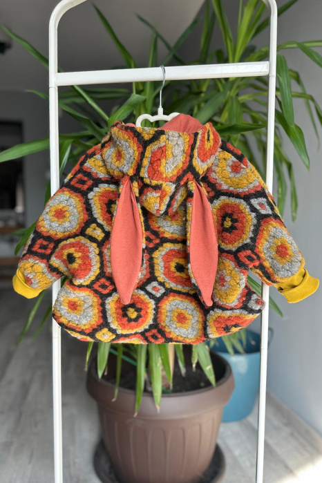 Capă din lână fiartă Oversized - Flori Mustar [3]