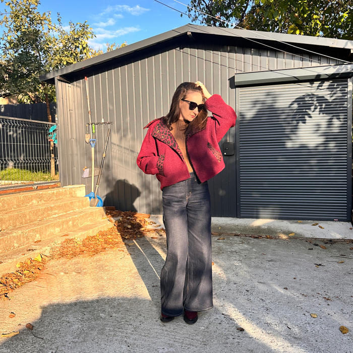 Jachetă Damă Lână Batwing Bordo cu Rever Animal Print | H. Bebe [3]