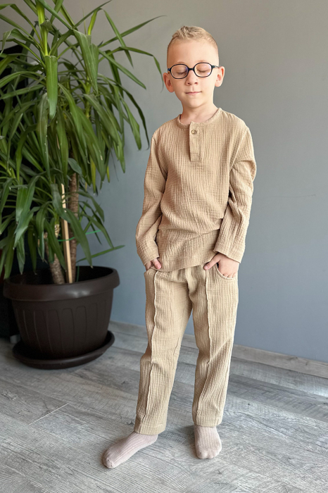 Compleu din muselină băiat — Cămașă tip hanorac + Pantalon |Albastru| H. Bebe [3]