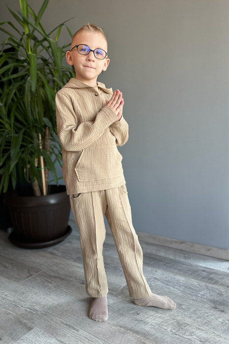Compleu din muselină băiat — Cămașă tip hanorac + Pantalon |Crem | H. Bebe [6]