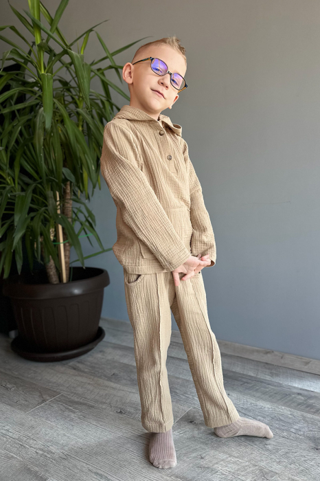 Compleu din muselină băiat — Cămașă tip hanorac + Pantalon |Crem | H. Bebe [5]