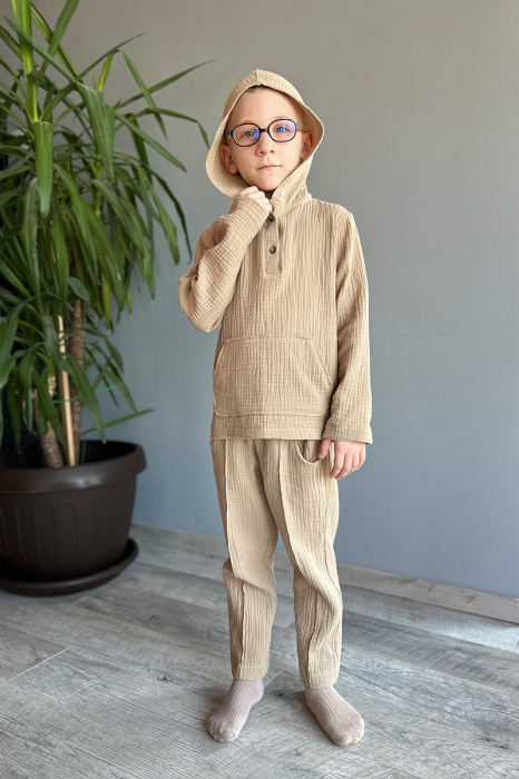 Compleu din muselină băiat — Cămașă tip hanorac + Pantalon |Crem | H. Bebe [7]