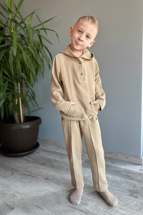 Compleu din muselină băiat — Cămașă tip hanorac + Pantalon |Crem | H. Bebe [4]